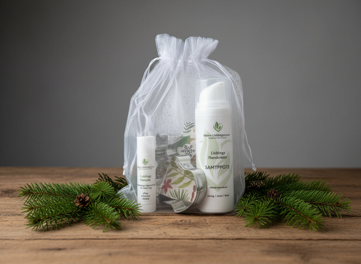 Geschenksackerl mit Handcreme und Lippenpflege. Inklusive Ausstechform für Plätzchen.  Perfektes Weihnachtsgeschenk